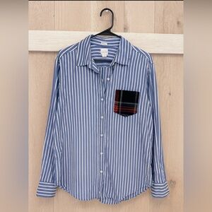J. Crew Blue and White Striped Button Down Shirt with Plaid Pocket